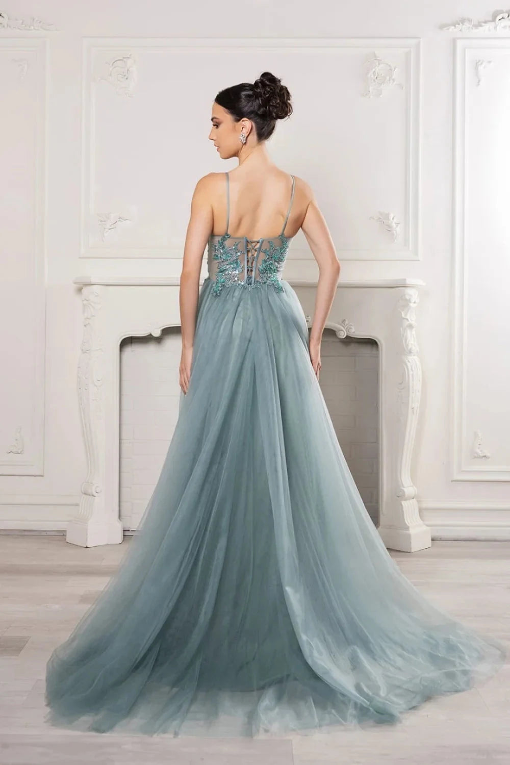 Sparkling A-Line V-Neck Sleeveless Sequin Tulle Dusty Blue Floor-Length Prom Gown