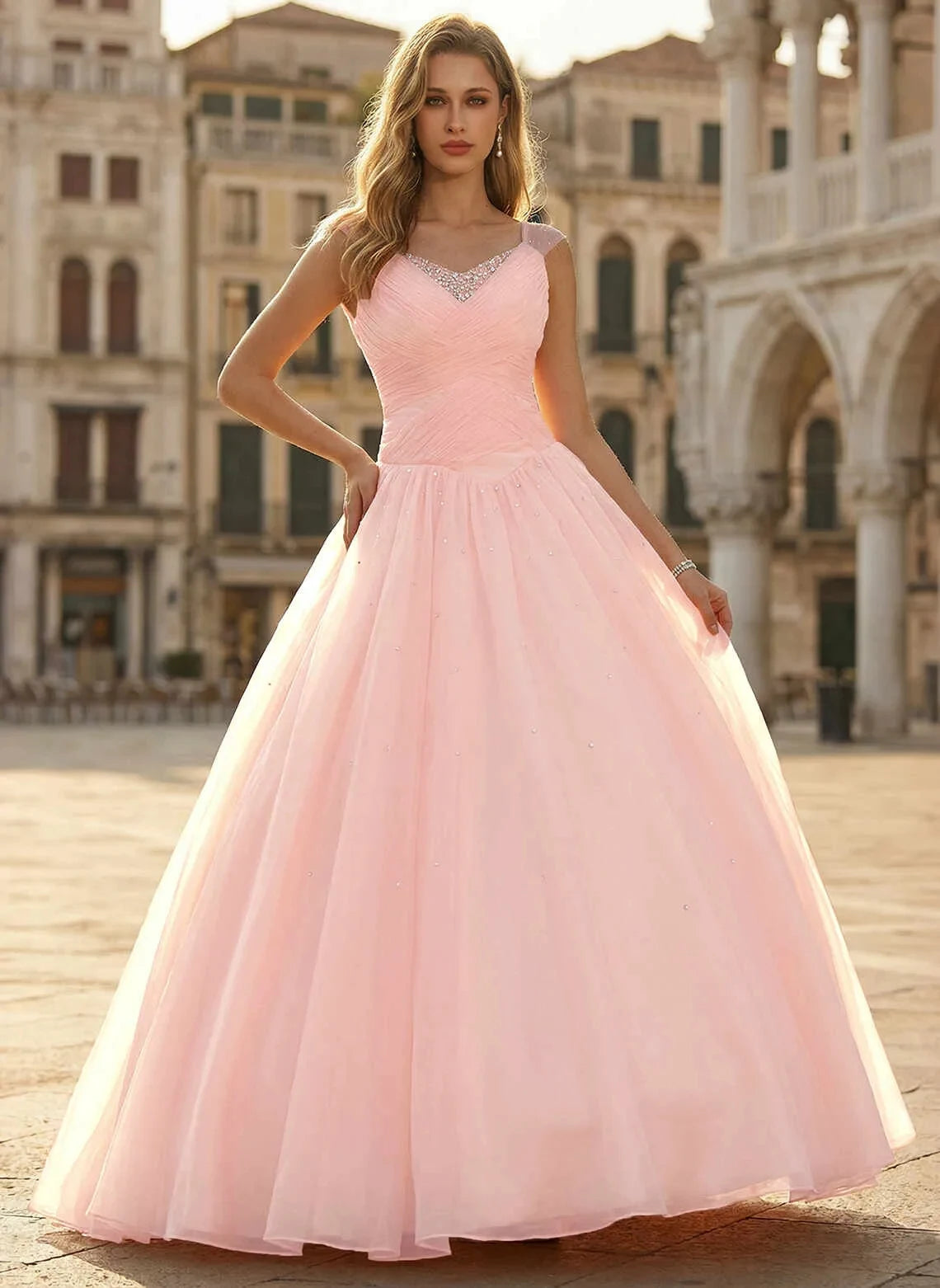 Sparkling Ball Gown Sweetheart Sleeveless Beaded Pink Floor-Length Prom Dress