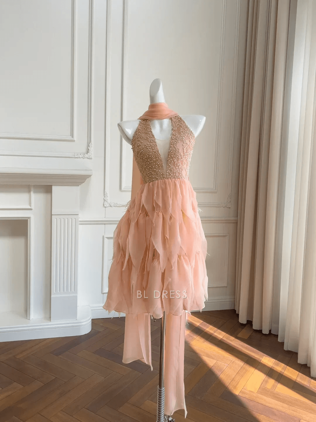 Sparkling Beaded Petal Halter V-Neck A-Line Peach Pink Short Homecoming Dress