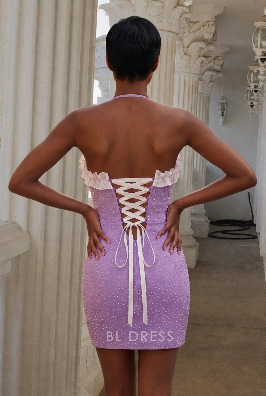 Sparkling Bodycon Halter Sleeveless Ruffled Corset Light Purple Mini Homecoming Dress Women's