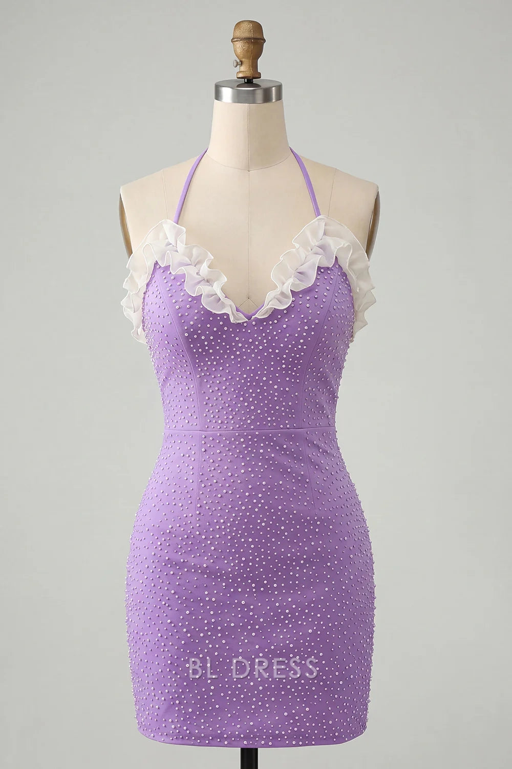 Sparkling Bodycon Halter Sleeveless Ruffled Corset Light Purple Mini Homecoming Dress Women's