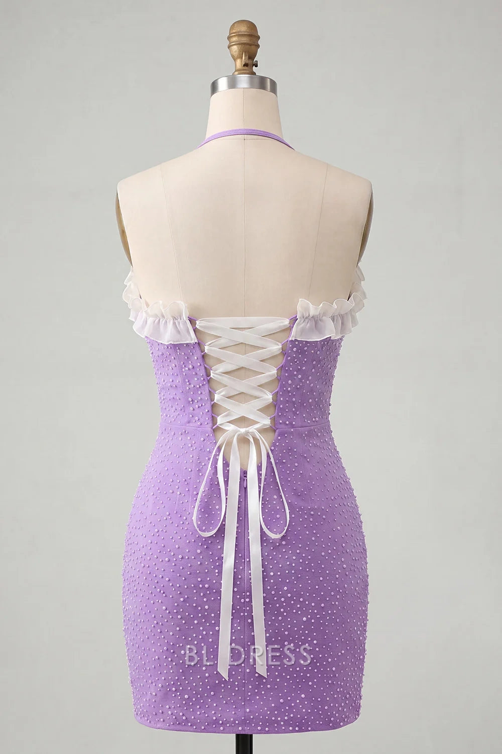 Sparkling Bodycon Halter Sleeveless Ruffled Corset Light Purple Mini Homecoming Dress Women's