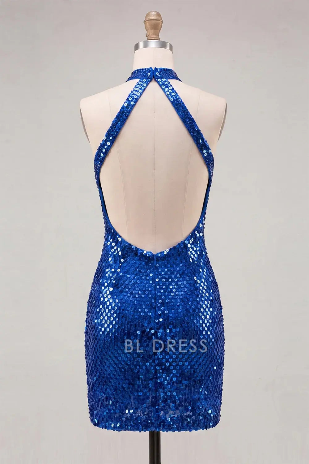 Sparkling Bodycon Halter Sleeveless Sequin Backless Royal Blue Mini Homecoming Dress