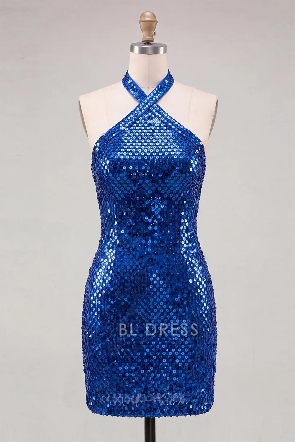 Sparkling Bodycon Halter Sleeveless Sequin Backless Royal Blue Mini Homecoming Dress