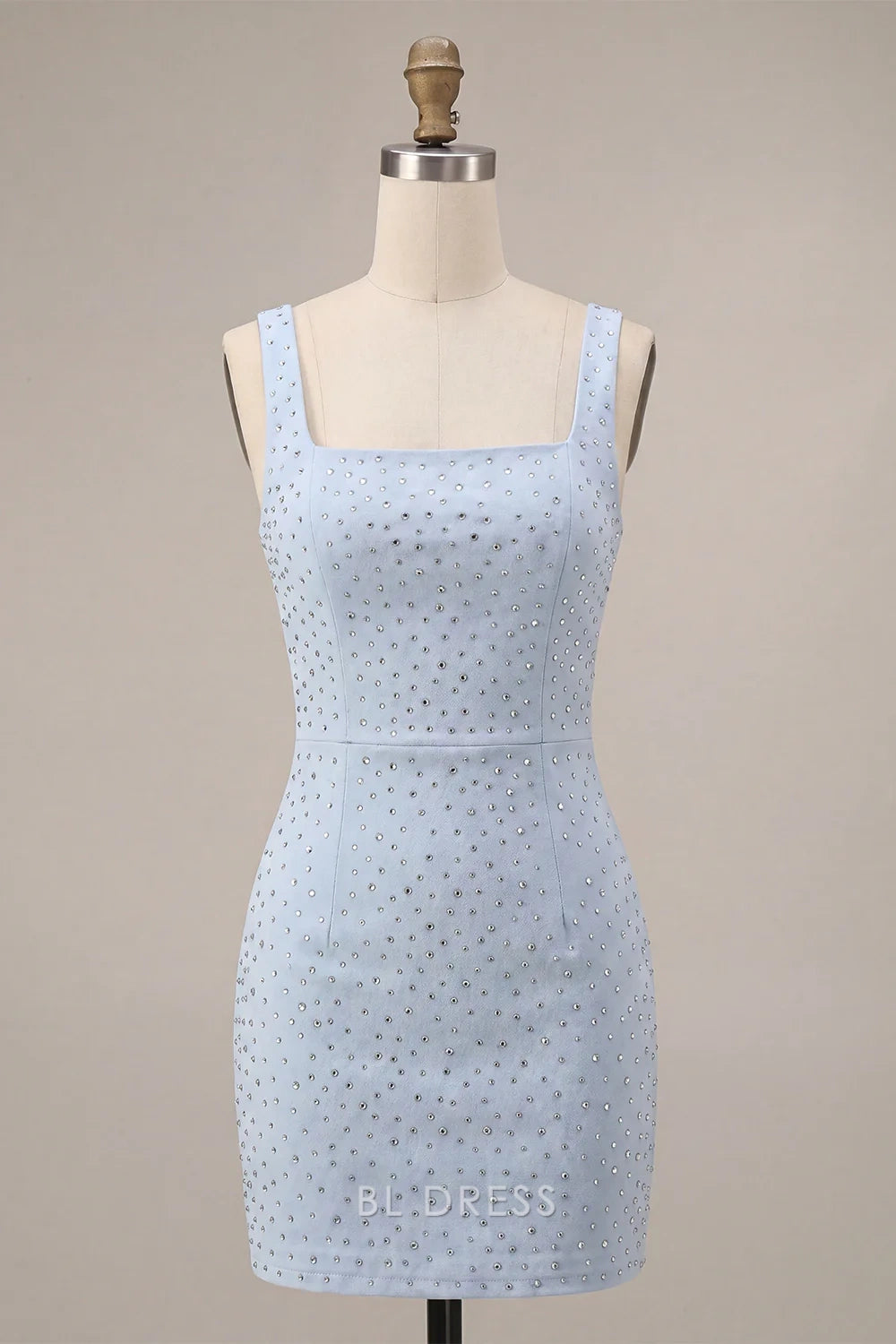 Sparkling Bodycon Square Neck Sleeveless Embellished Sky Blue Mini Homecoming Dress
