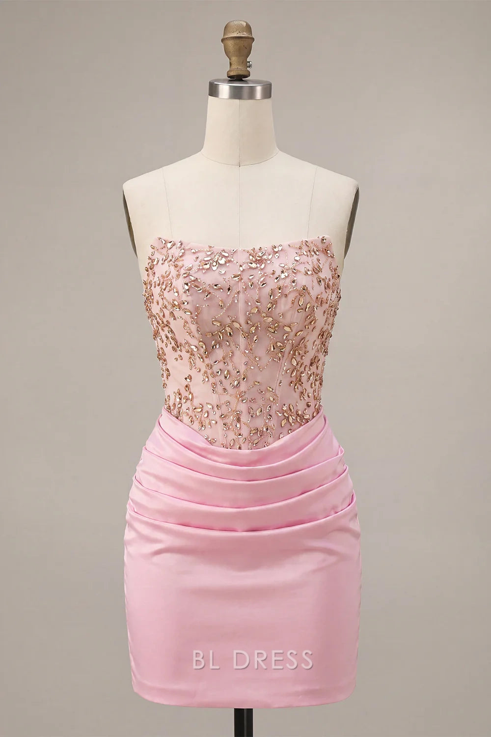 Sparkling Bodycon Strapless Beaded Ruched Pink Short Homecoming Dress Women's