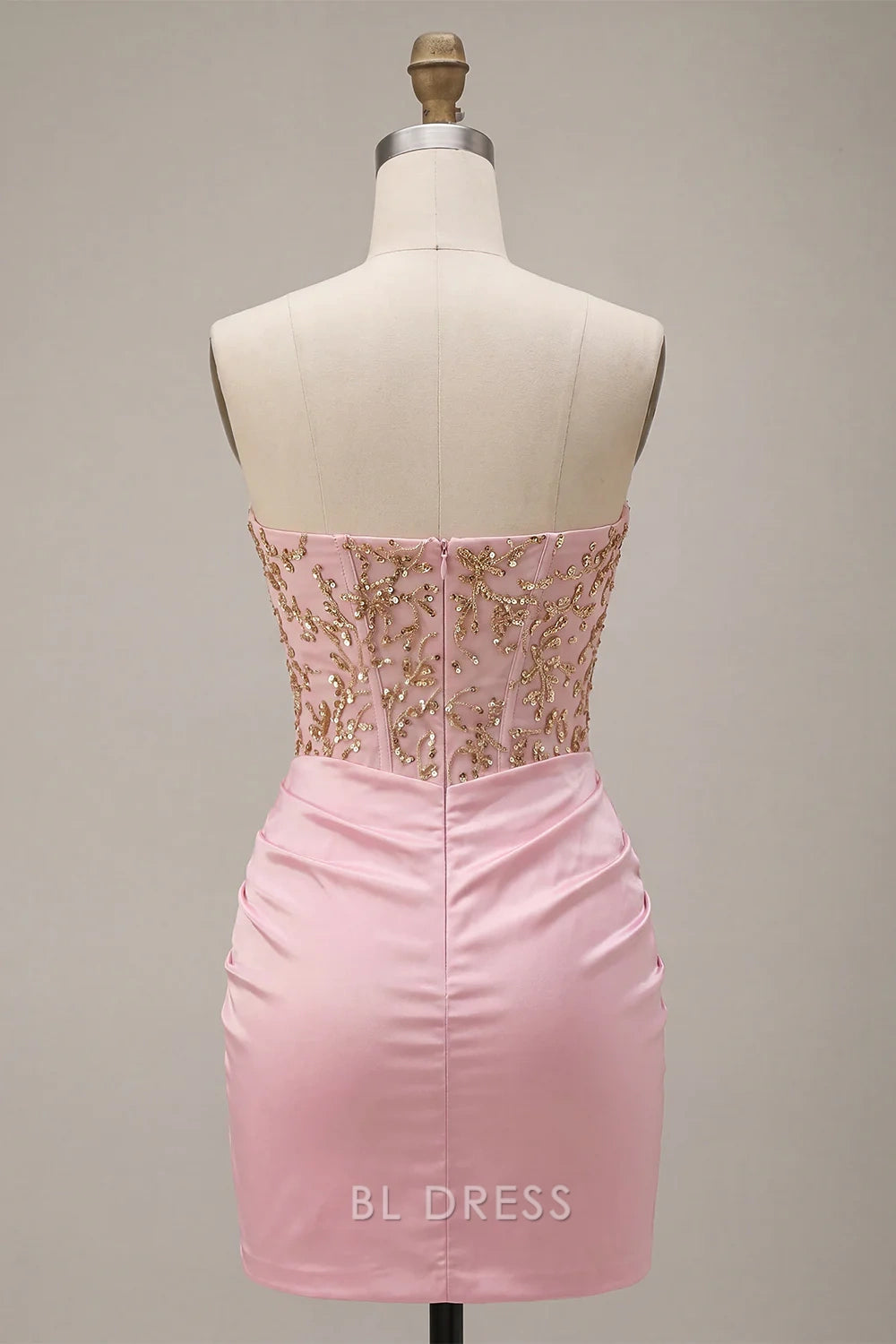 Sparkling Bodycon Strapless Beaded Ruched Pink Short Homecoming Dress Women's