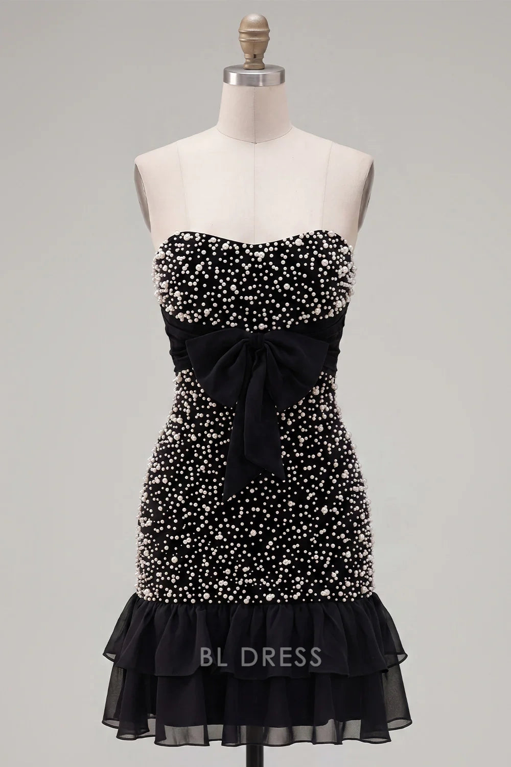 Sparkling Bodycon Strapless Sleeveless Beaded Bow-Accent Black Short Homecoming Dress Women's Gown