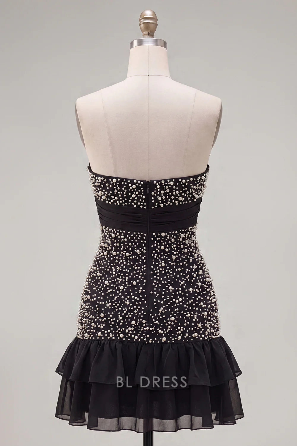 Sparkling Bodycon Strapless Sleeveless Beaded Bow-Accent Black Short Homecoming Dress Women's Gown