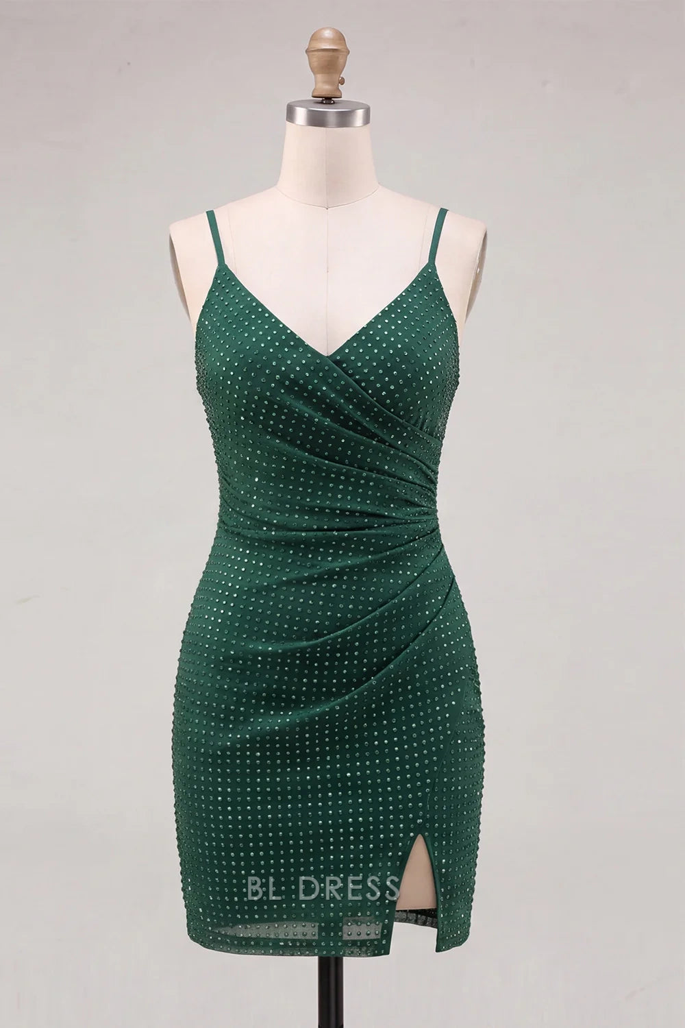 Sparkling Bodycon V-Neck Sleeveless Ruched Slit Emerald Green Mini Homecoming Dress