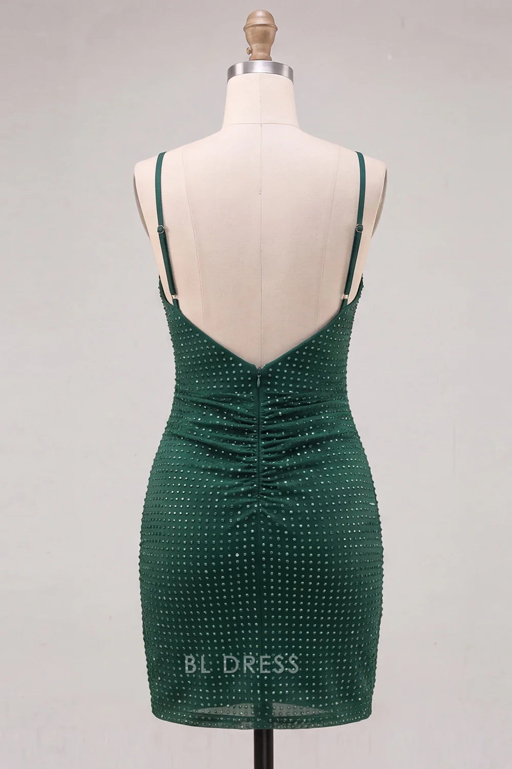 Sparkling Bodycon V-Neck Sleeveless Ruched Slit Emerald Green Mini Homecoming Dress