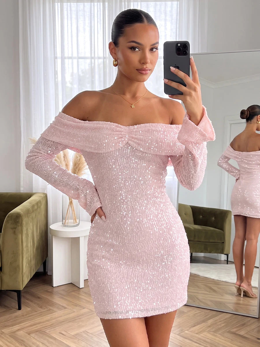 Sparkling Draped Off-Shoulder Long Sleeve Sequin Pink Mini Homecoming Dress
