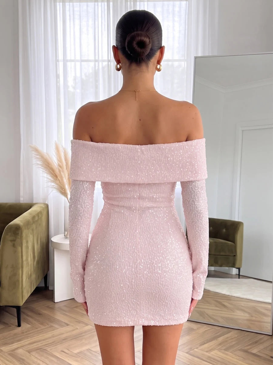 Sparkling Draped Off-Shoulder Long Sleeve Sequin Pink Mini Homecoming Dress