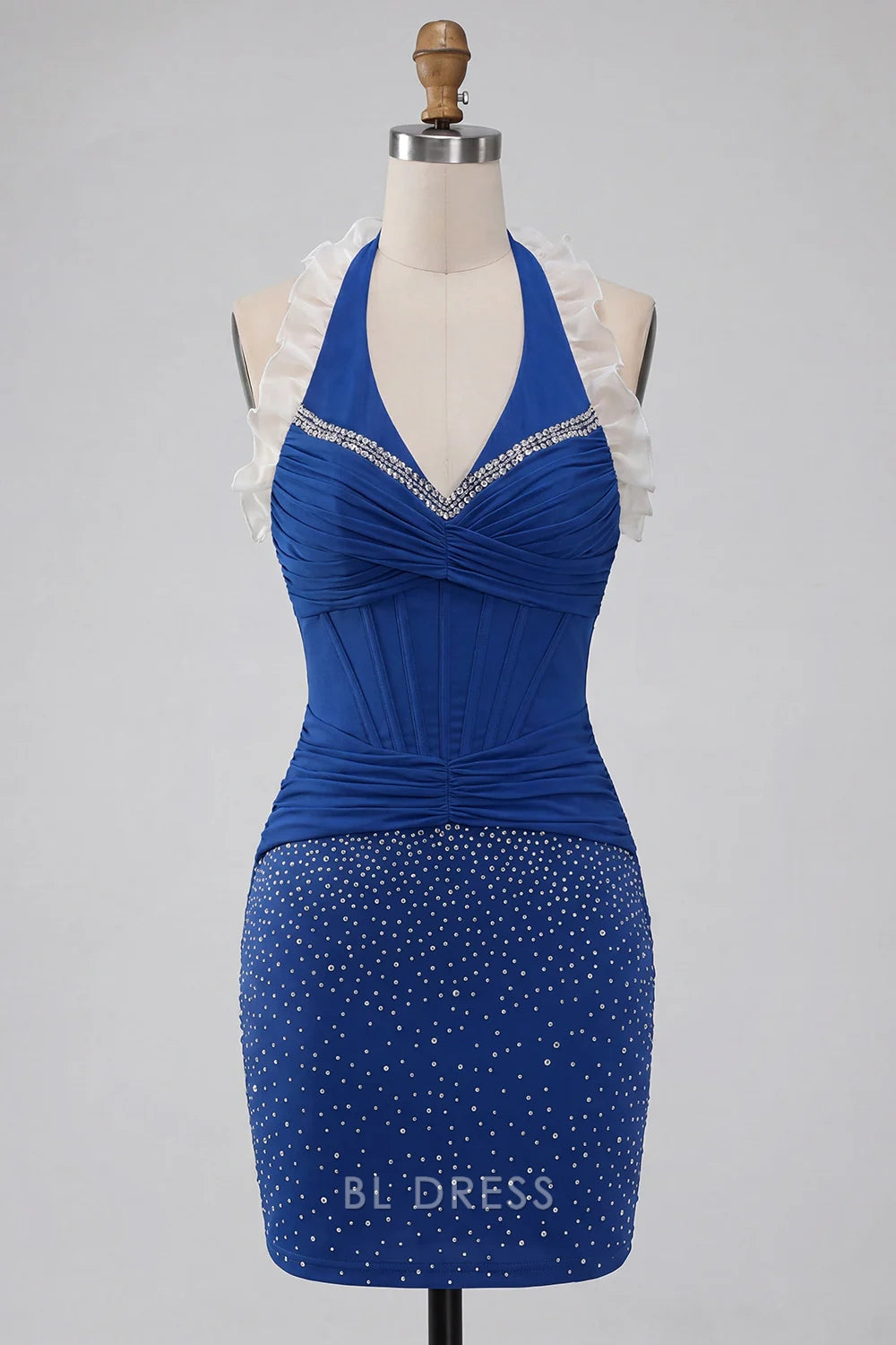 Sparkling Fitted Halter V-Neck Sleeveless Ruched Royal Blue Short Homecoming Dress Women