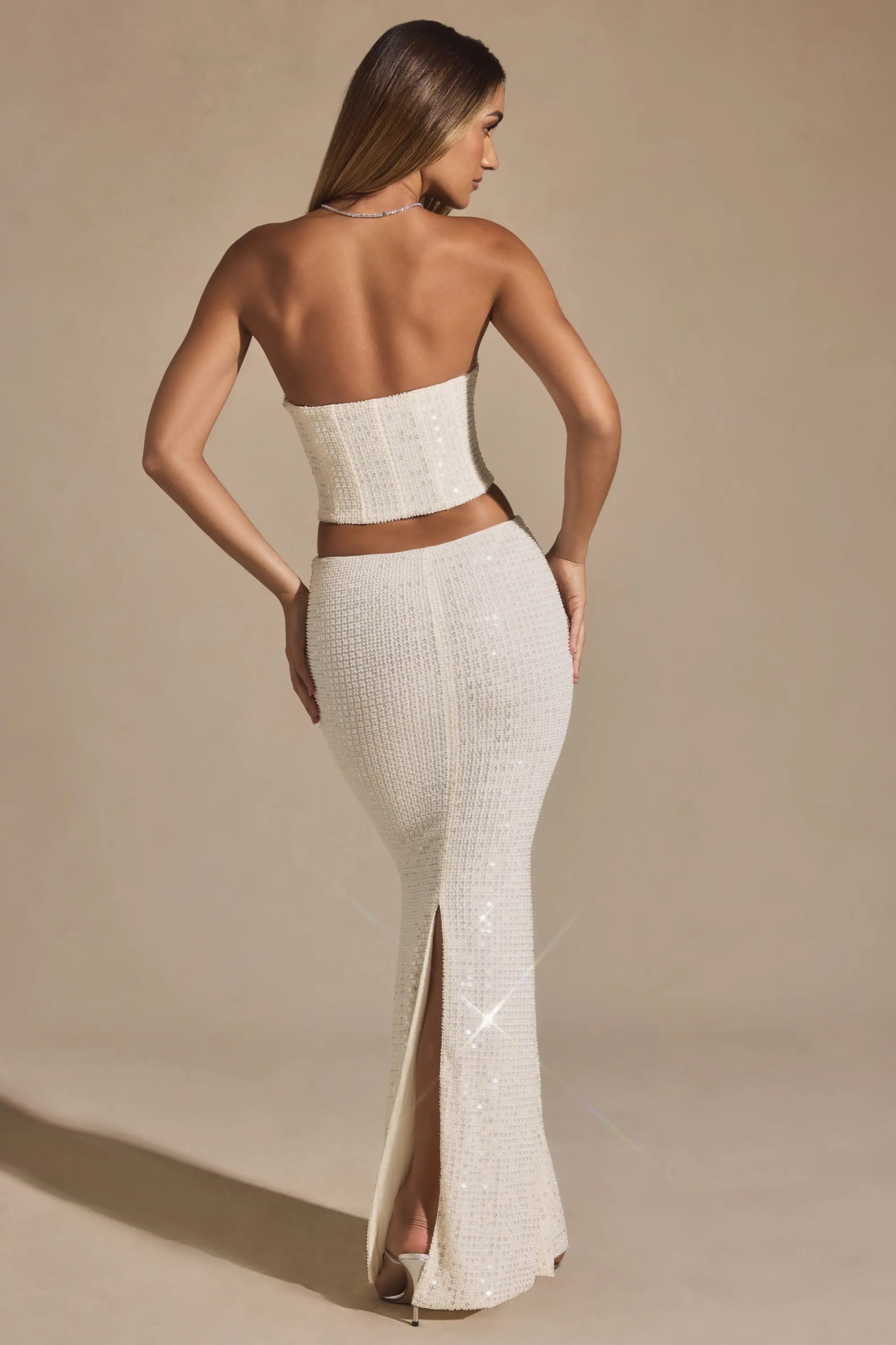 Sparkling Fitted Strapless Sequin Corset Ivory Floor-Length Prom Dress Women's Gown