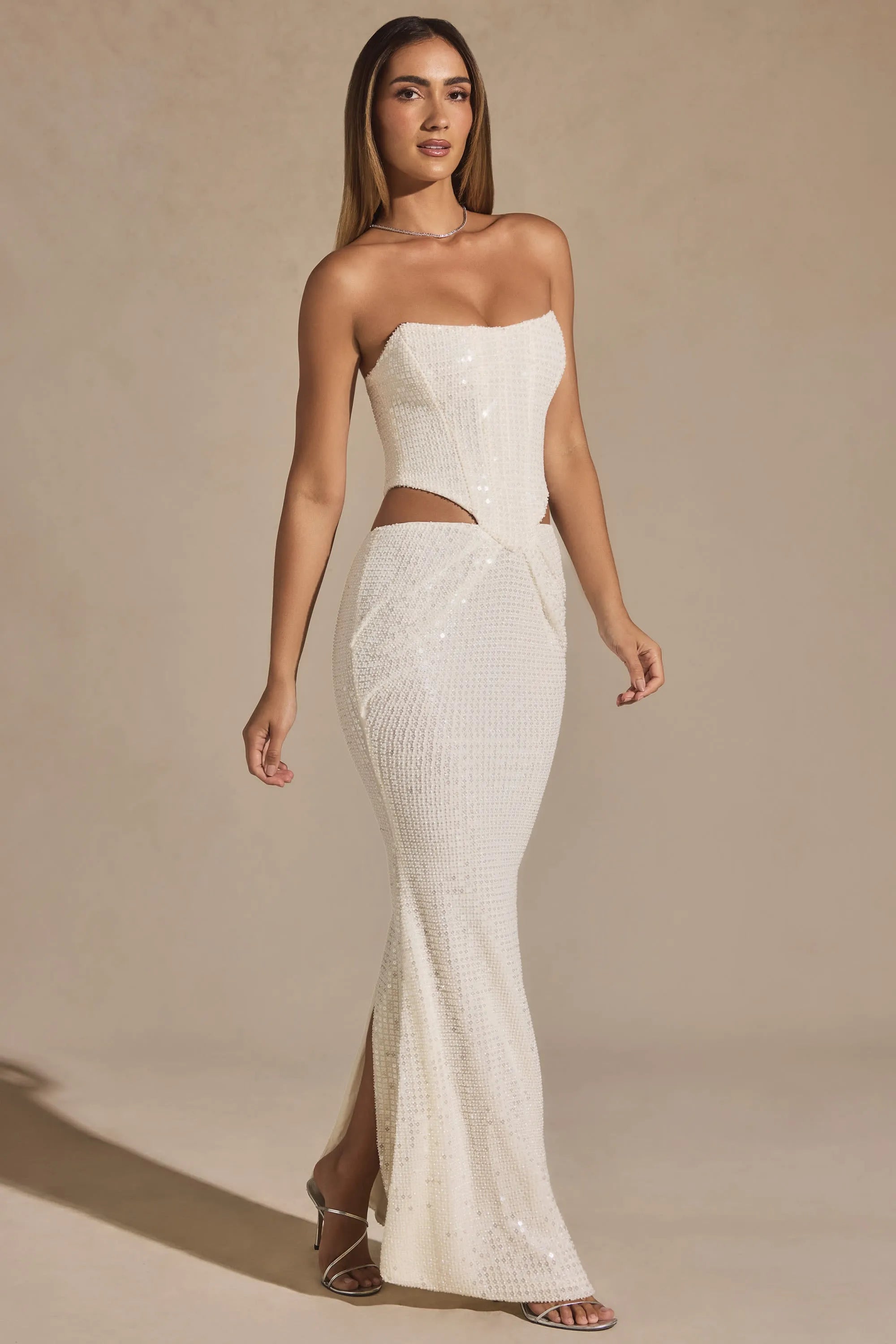 Sparkling Fitted Strapless Sequin Corset Ivory Floor-Length Prom Dress Women's Gown