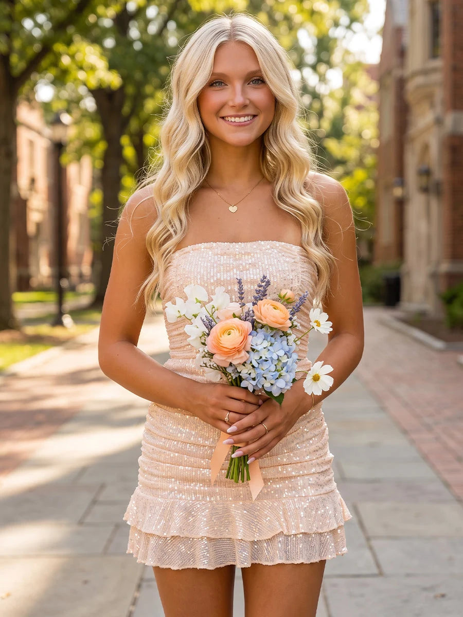 Sparkling Fitted Strapless Sleeveless Ruched Sequin Blush Short Homecoming Dress Women's