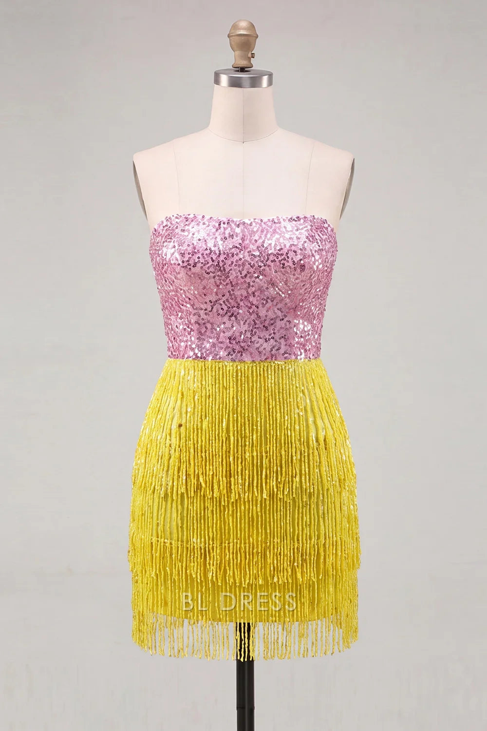 Sparkling Fitted Strapless Sleeveless Sequin Fringe Pink Yellow Mini Homecoming Dress