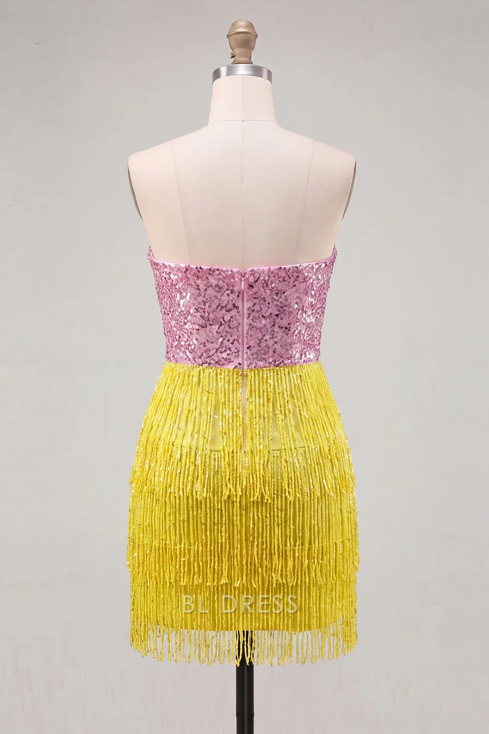 Sparkling Fitted Strapless Sleeveless Sequin Fringe Pink Yellow Mini Homecoming Dress