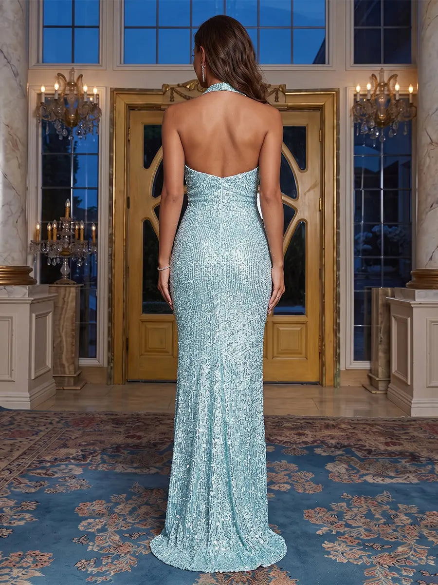 Sparkling Halter Mermaid Sequin High Slit Aqua Blue Floor-Length Prom Dress