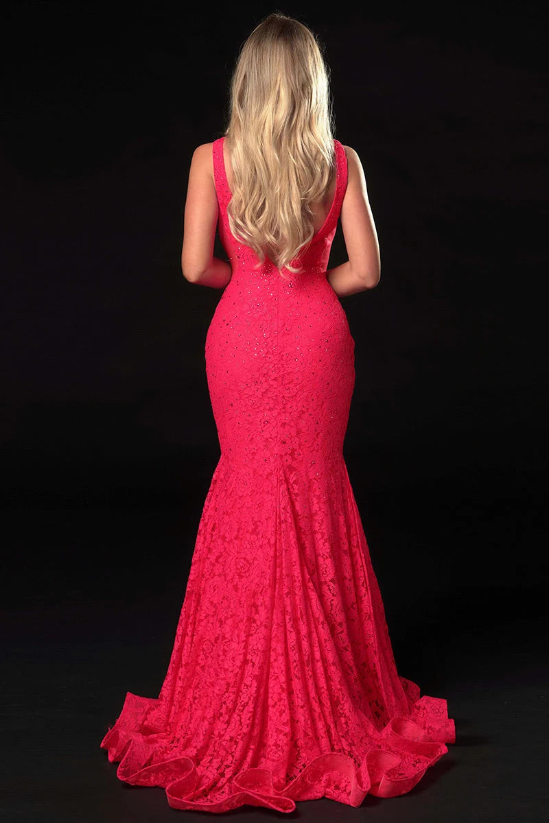 Sparkling Lace Mermaid V-Neck Sleeveless Fuchsia Pink Floor-Length Prom Dress Gown