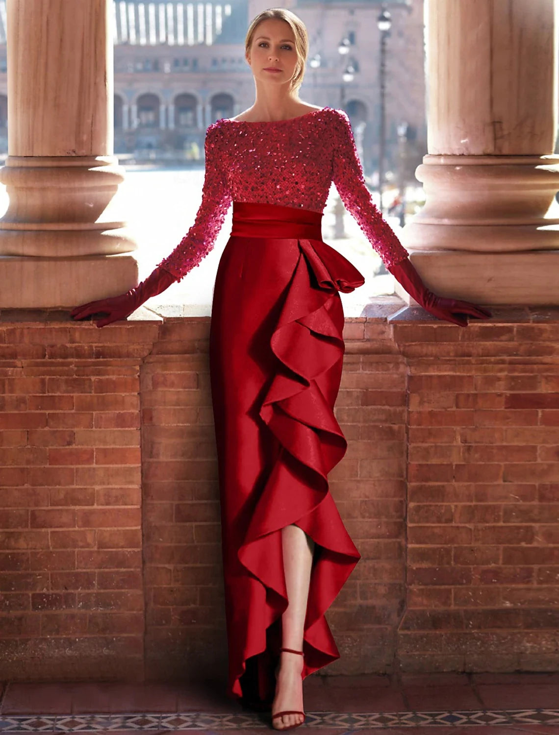 Sparkling Long Sleeve Boat Neck Ruffled Ruby Red Mermaid Evening Gown