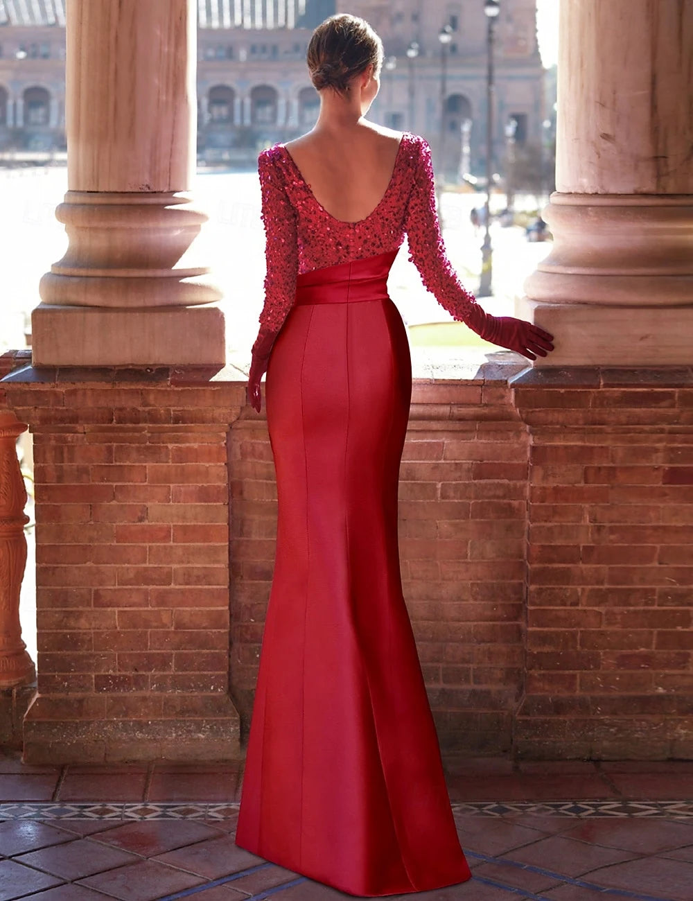 Sparkling Long Sleeve Boat Neck Ruffled Ruby Red Mermaid Evening Gown