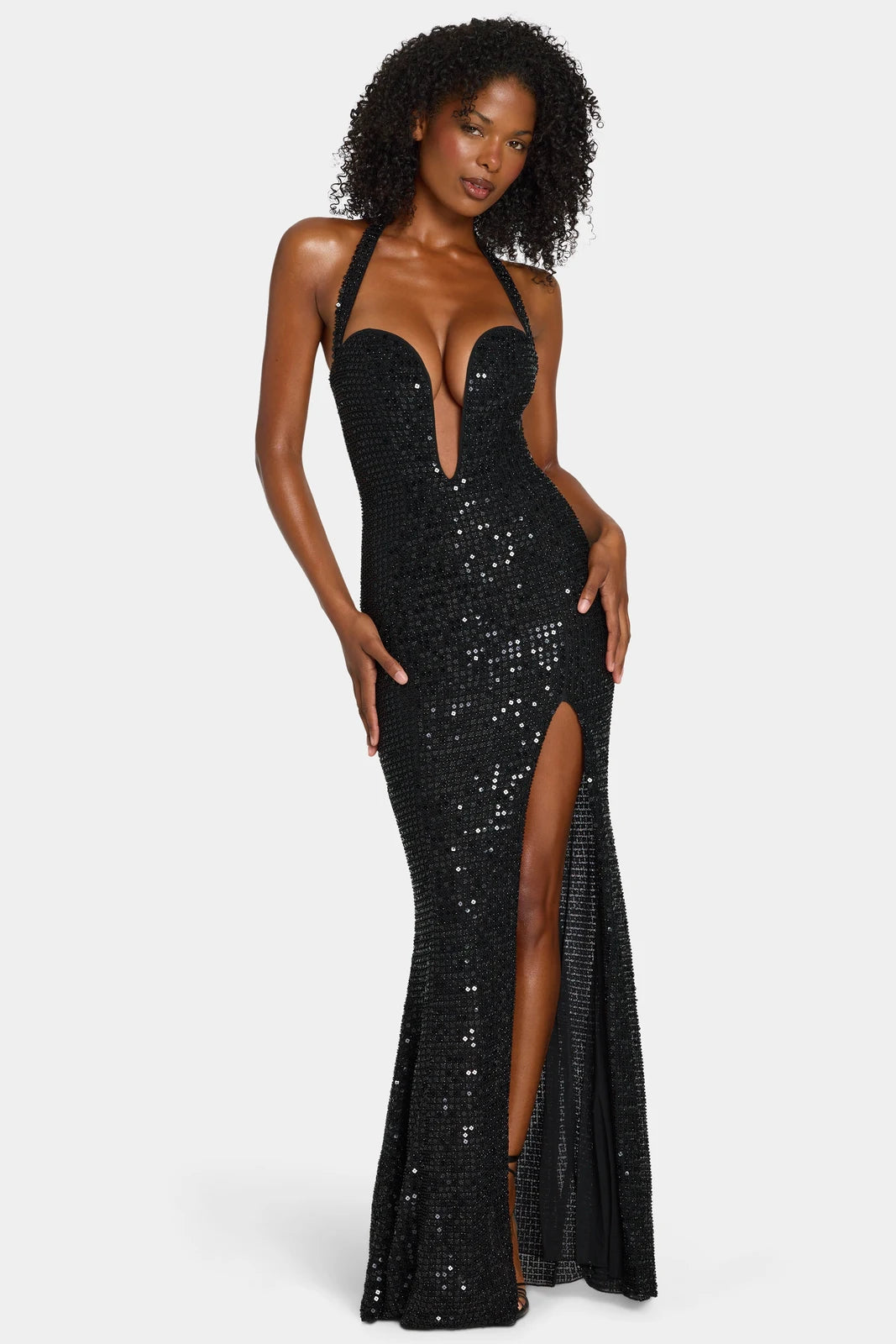 Sparkling Mermaid Halter Deep V-Neck Sleeveless High Slit Black Prom Gown