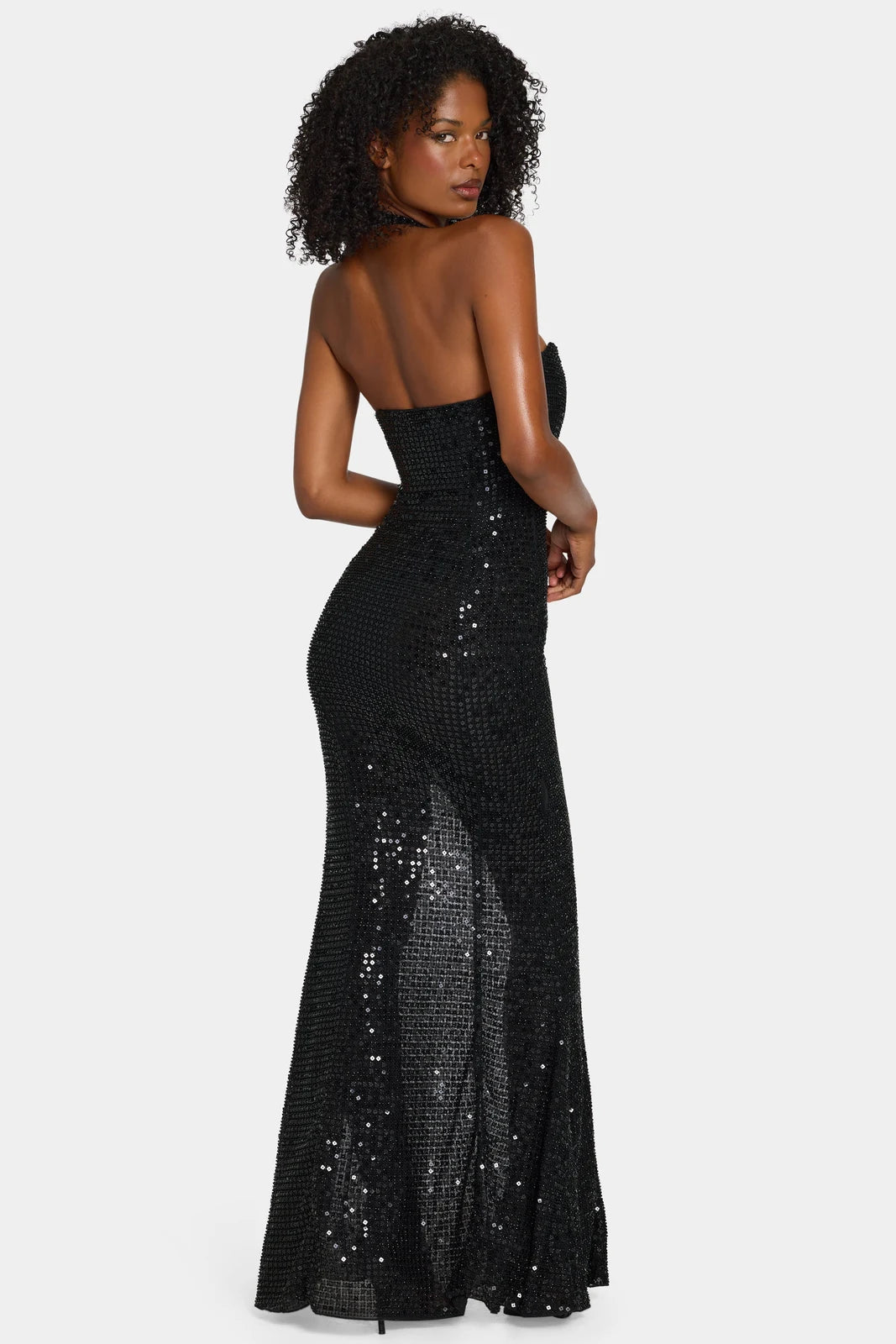 Sparkling Mermaid Halter Deep V-Neck Sleeveless High Slit Black Prom Gown