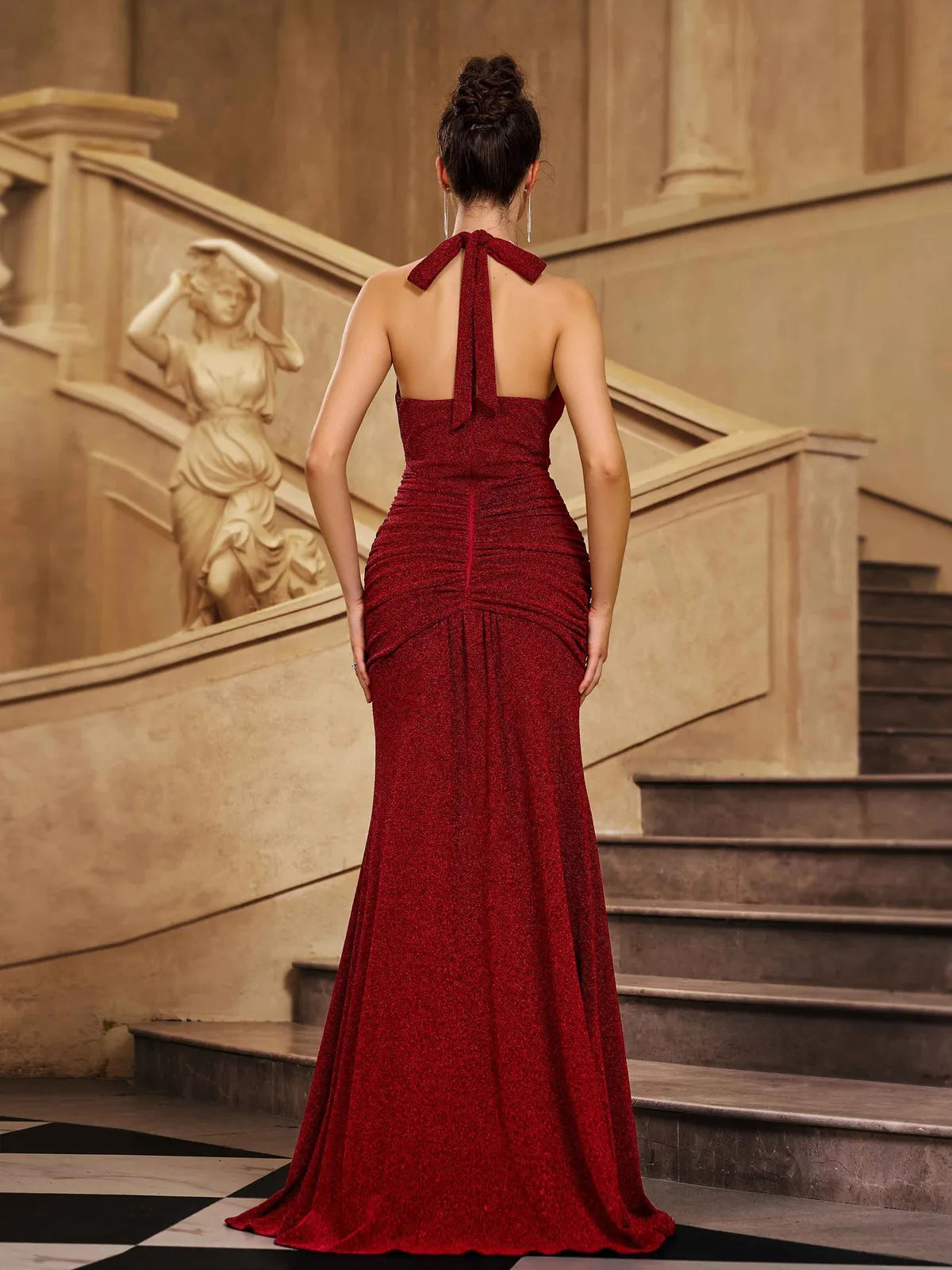 Sparkling Mermaid Halter Deep V-Neck Sleeveless Ruched Red Floor-Length Prom Dress