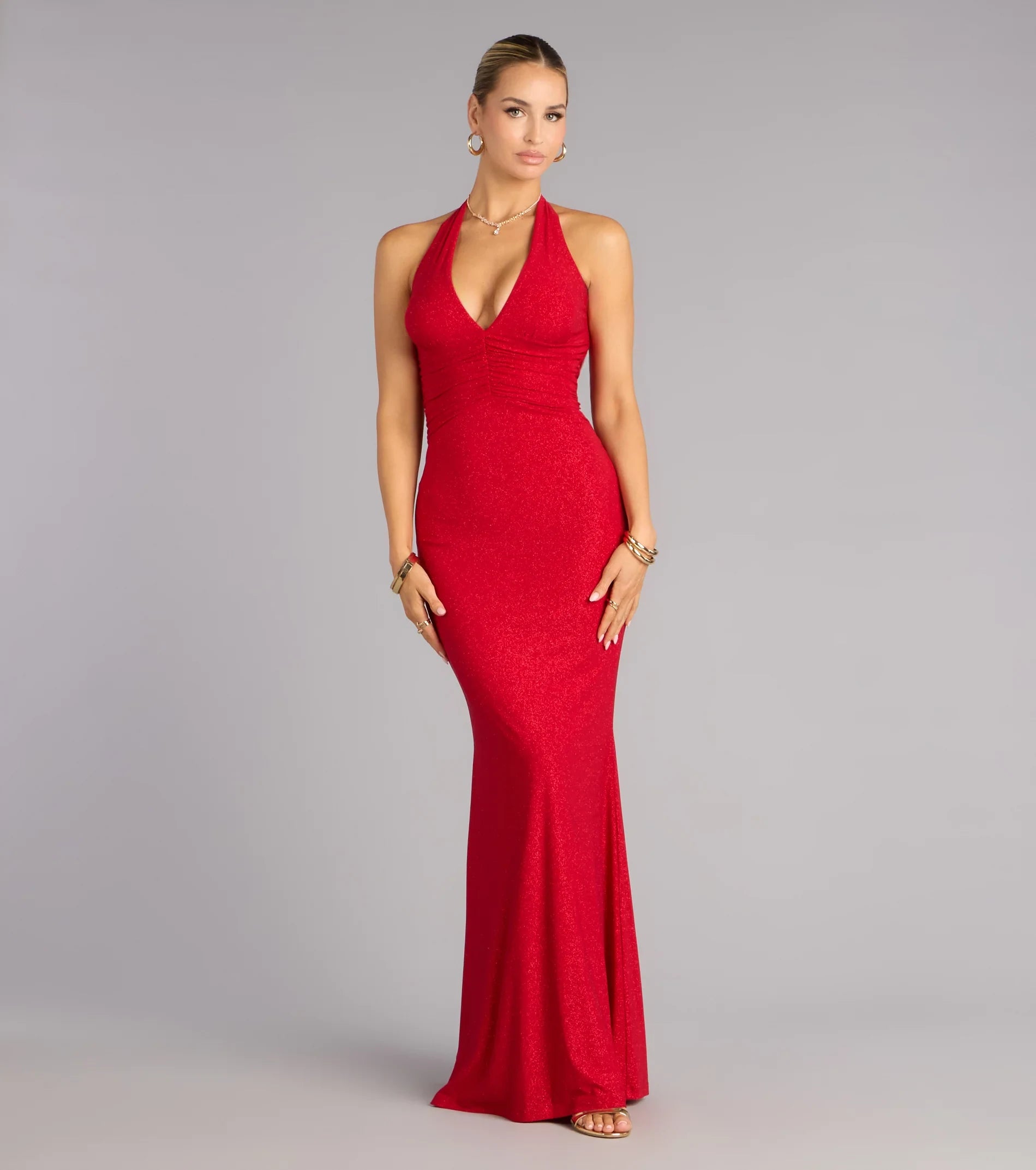 Sparkling Mermaid Halter V-Neck Sleeveless Strappy Back Red Floor-Length Prom Dresses Gown