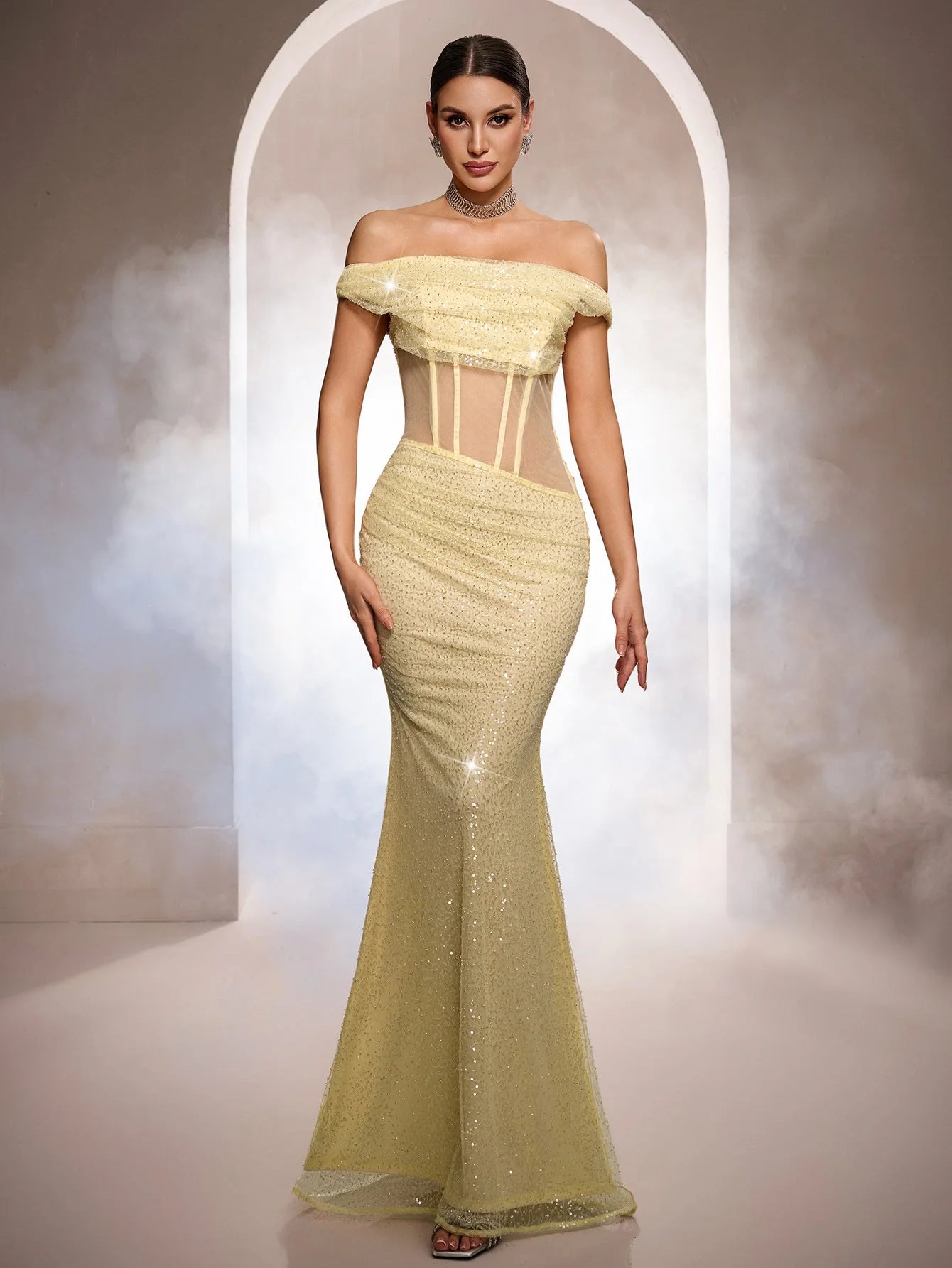 Sparkling Mermaid Off-Shoulder Corset Sequin Light Yellow Floor-Length Prom Dress Gown