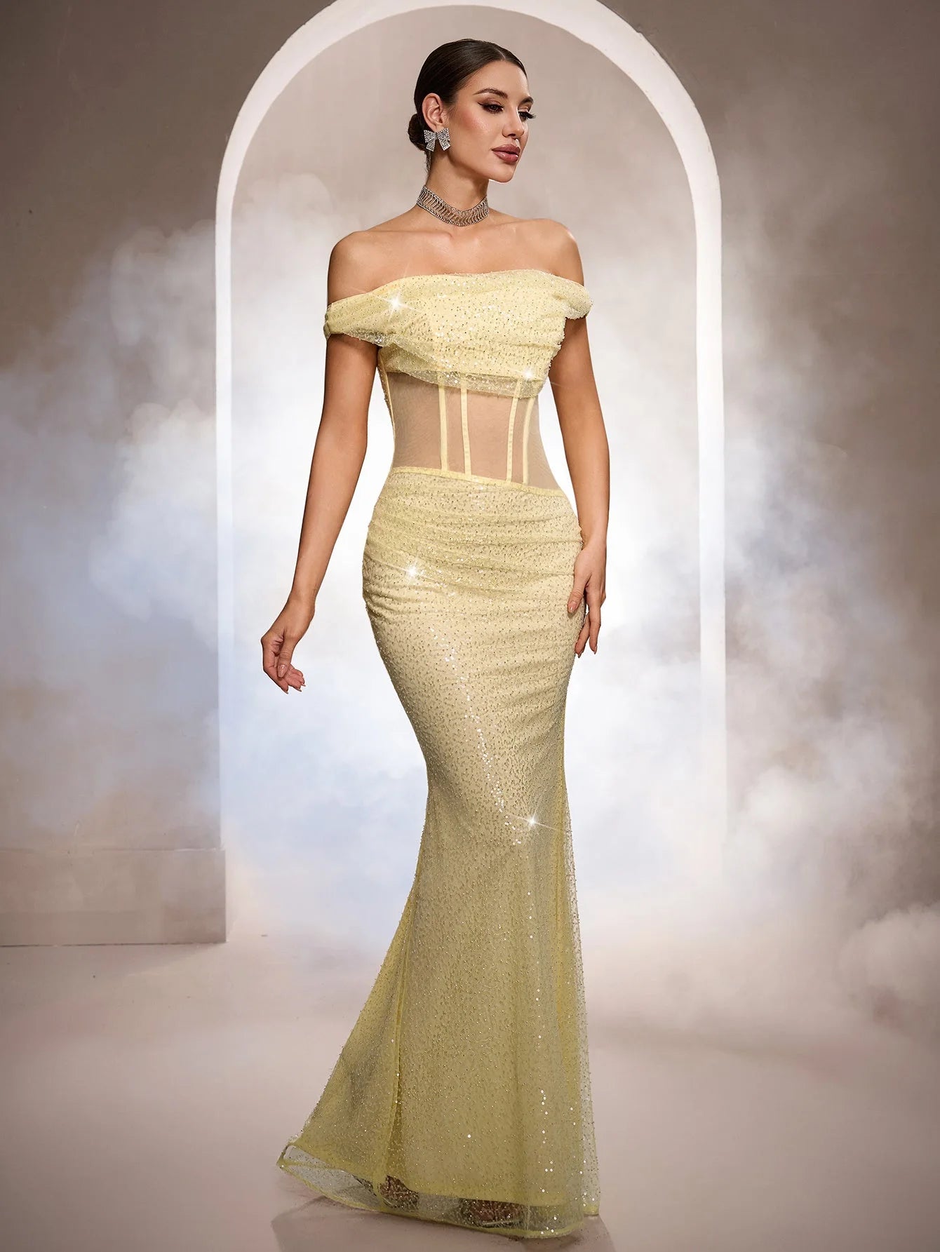 Sparkling Mermaid Off-Shoulder Corset Sequin Light Yellow Floor-Length Prom Dress Gown