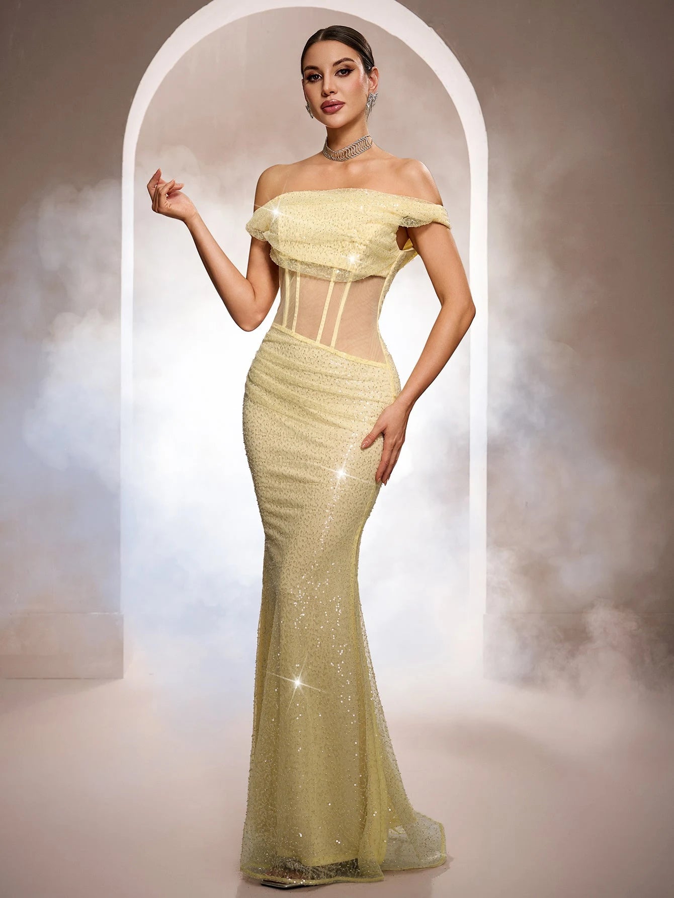 Sparkling Mermaid Off-Shoulder Corset Sequin Light Yellow Floor-Length Prom Dress Gown