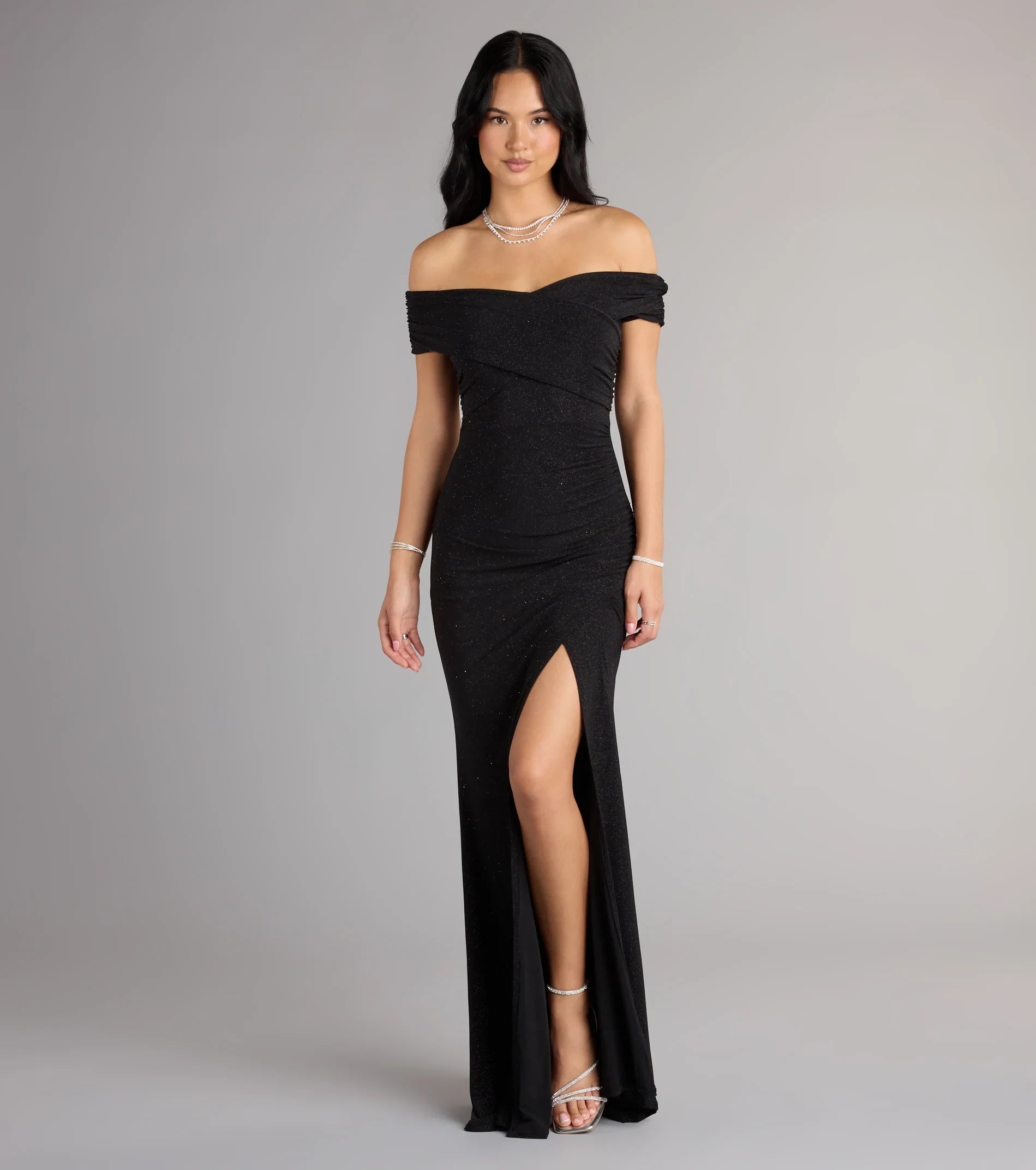 Sparkling Mermaid Off-Shoulder Ruched High Slit Black Floor-Length Prom Dress