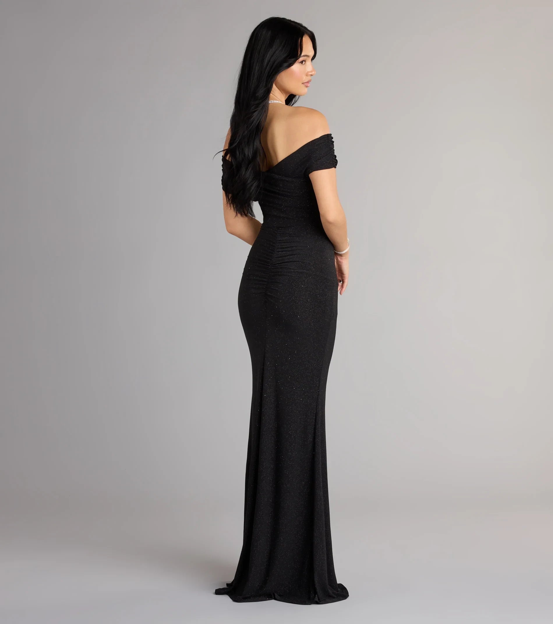 Sparkling Mermaid Off-Shoulder Ruched High Slit Black Floor-Length Prom Dress