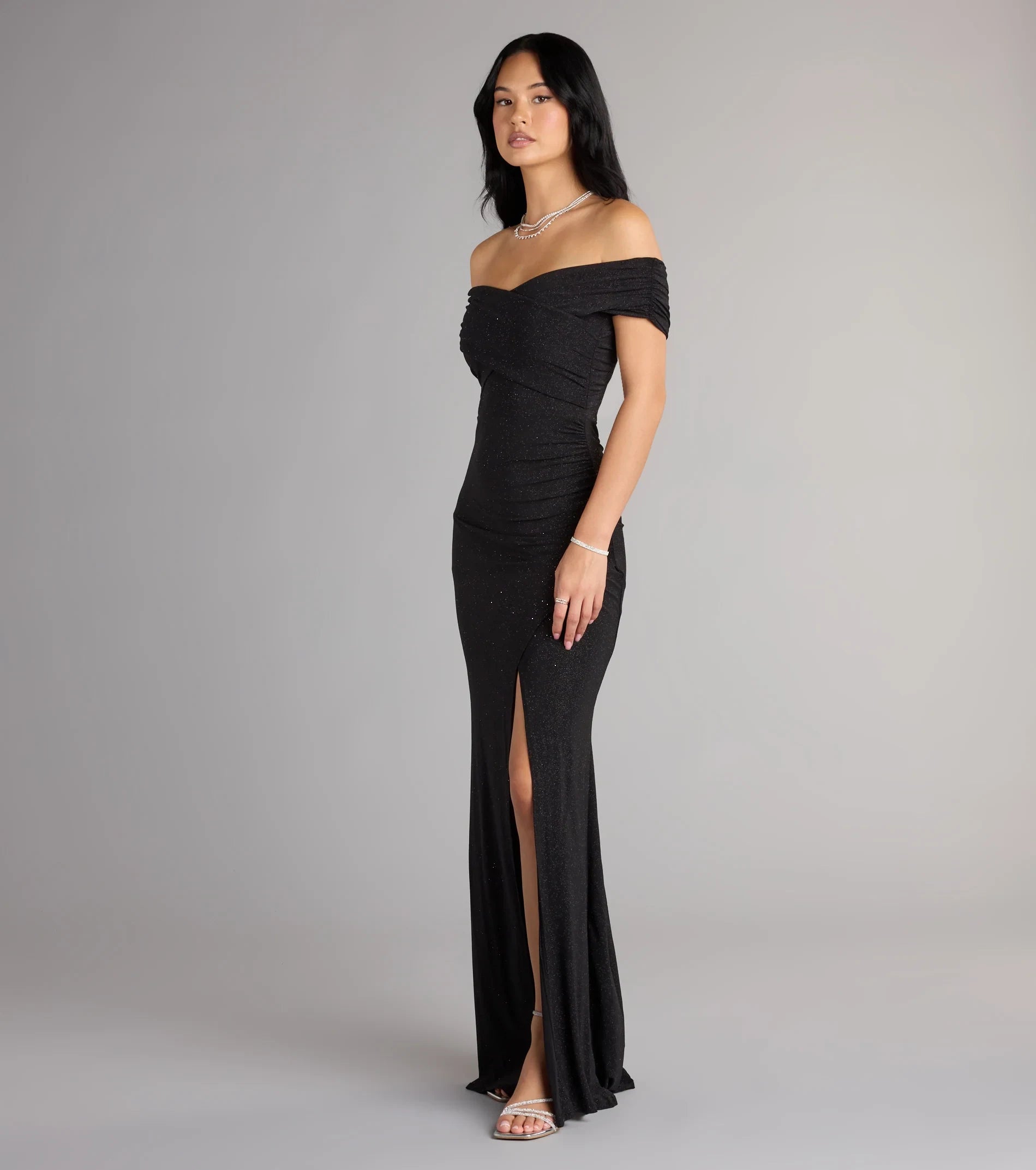 Sparkling Mermaid Off-Shoulder Ruched High Slit Black Floor-Length Prom Dress