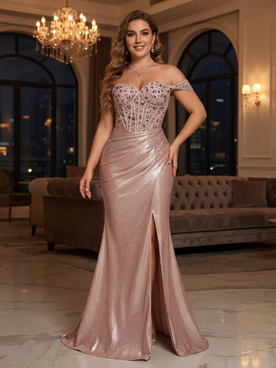 Sparkling Mermaid Off-Shoulder Sweetheart Sequin Rose Gold Floor-Length Prom Gown