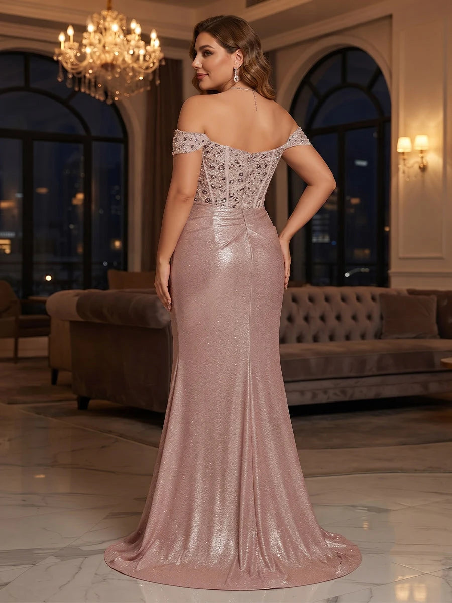 Sparkling Mermaid Off-Shoulder Sweetheart Sequin Rose Gold Floor-Length Prom Gown