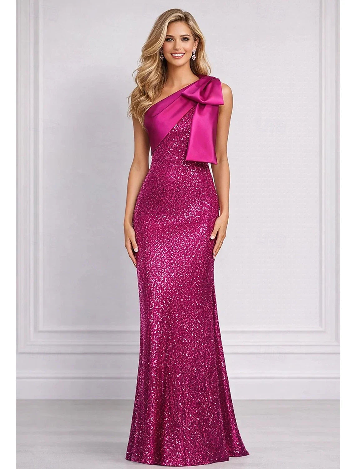 Sparkling Mermaid One-Shoulder Bow Hot Pink Floor-Length Prom Dresses Gown