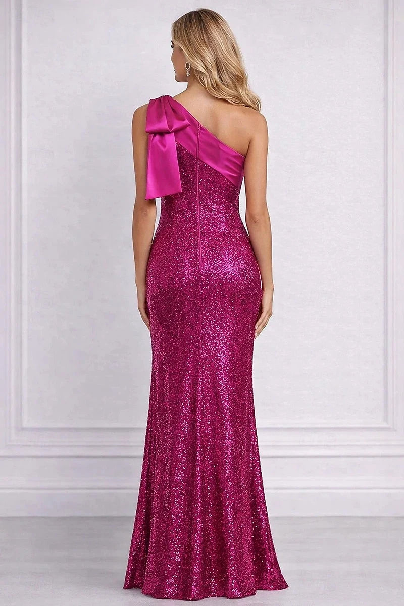 Sparkling Mermaid One-Shoulder Bow Hot Pink Floor-Length Prom Dresses Gown