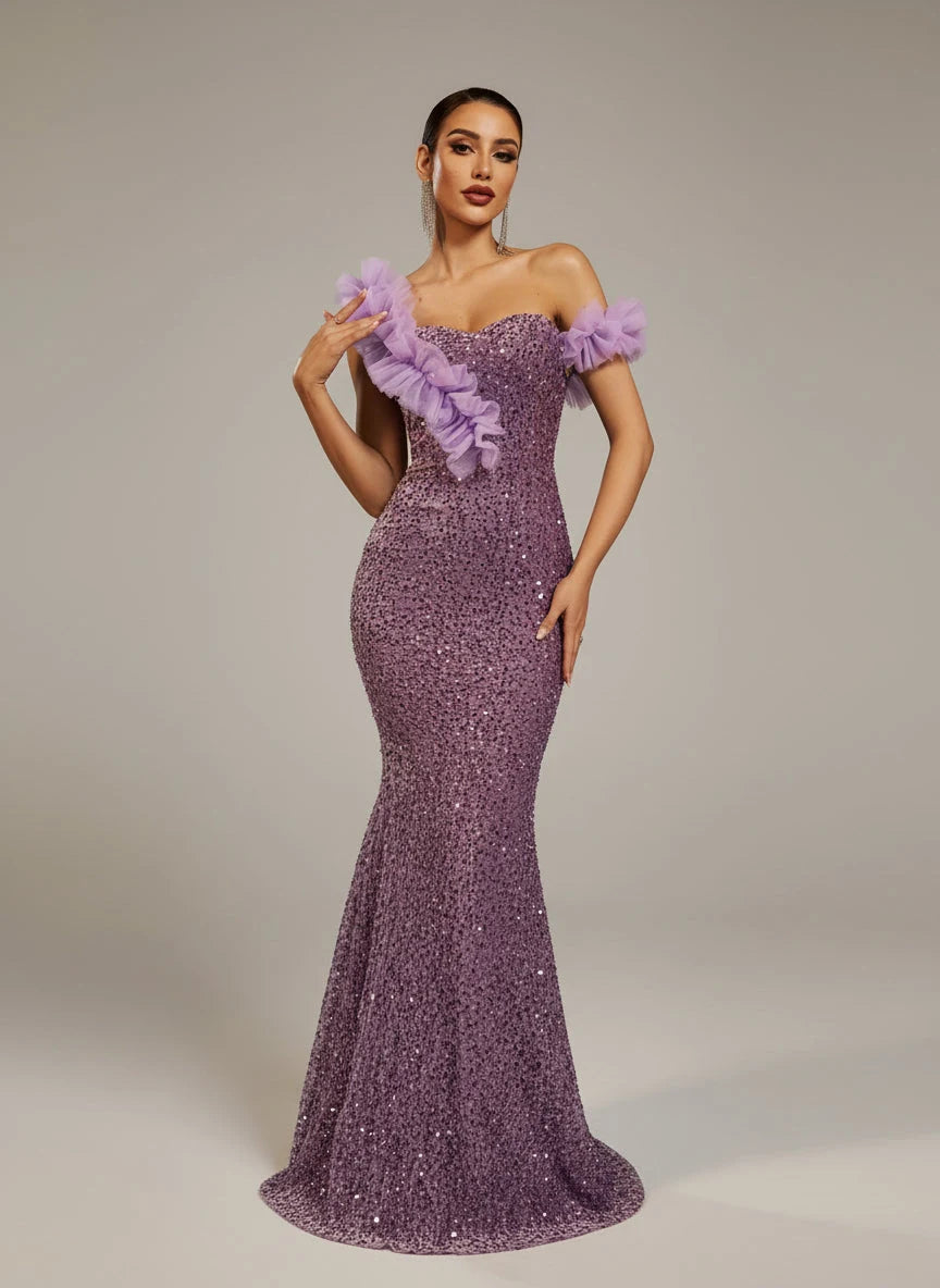 Sparkling Mermaid One-Shoulder Ruffled Sequin Lavender Floor-Length Prom Dress