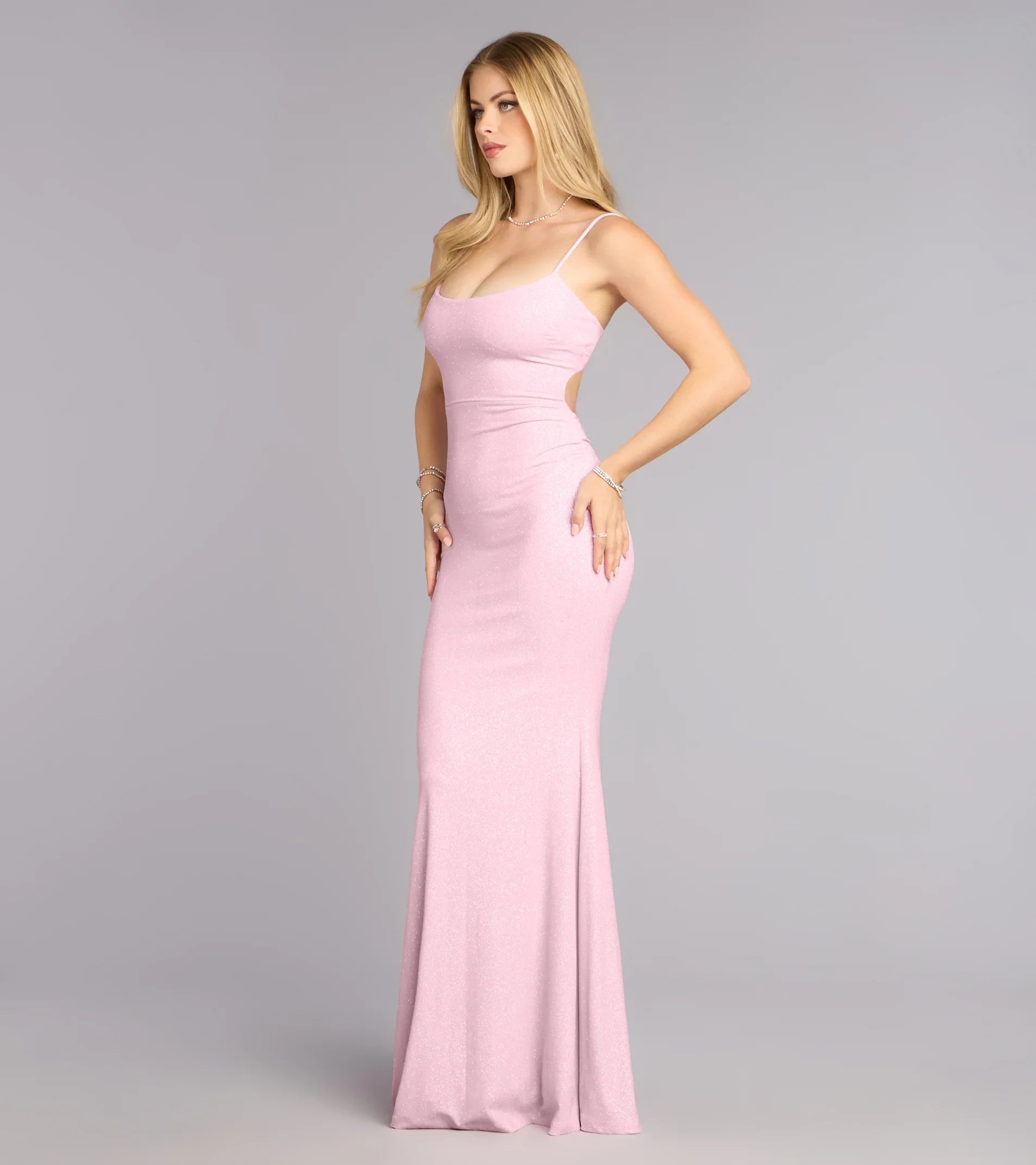 Sparkling Mermaid Scoop Neck Sleeveless Pink Floor-Length Prom Dresses Gown