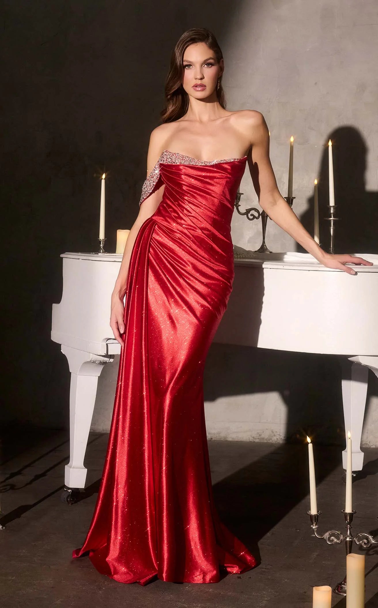Sparkling Mermaid Strapless Draped Embellished Red Floor-Length Prom Gown
