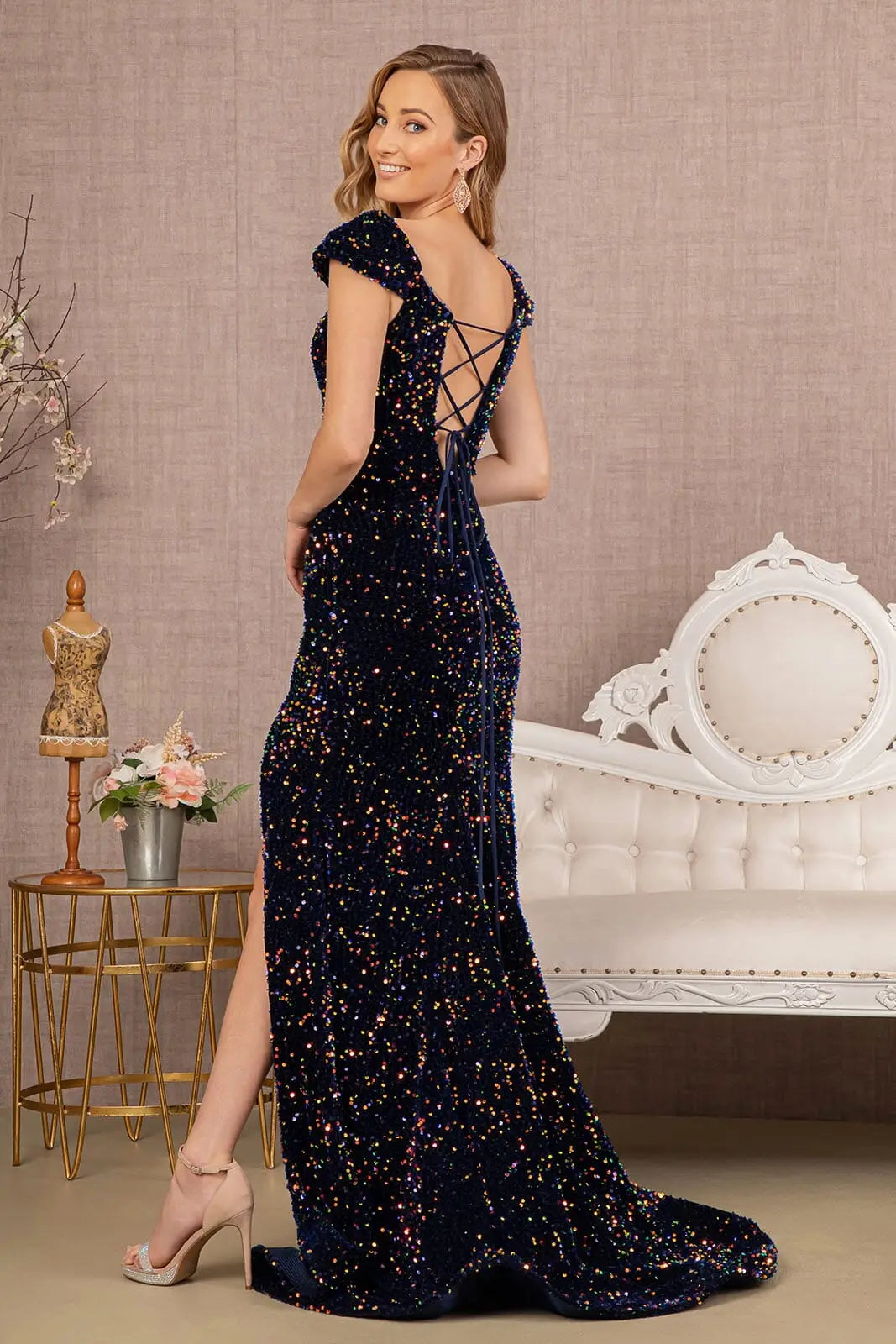 Sparkling Mermaid Sweetheart Cap Sleeve Sequin Lace-Up Navy Floor-Length Prom Dress