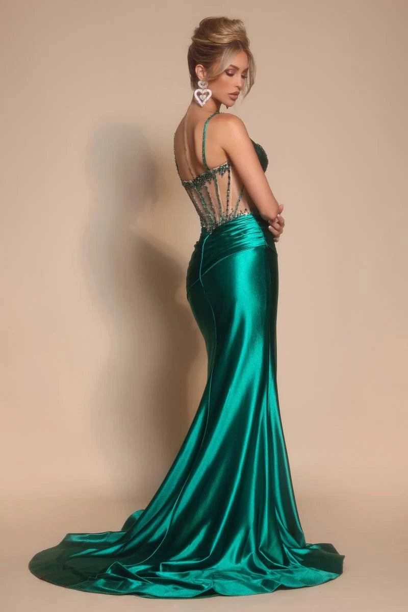 Sparkling Mermaid Sweetheart Sleeveless Beaded Ruched Emerald Green Floor-Length Prom Dresses Gown
