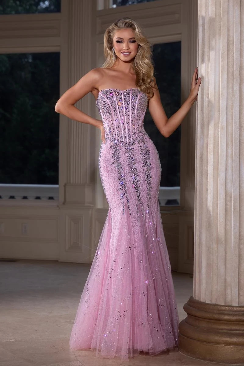 Sparkling Mermaid Sweetheart Sleeveless Corset Beaded Pink Floor-Length Prom Gown