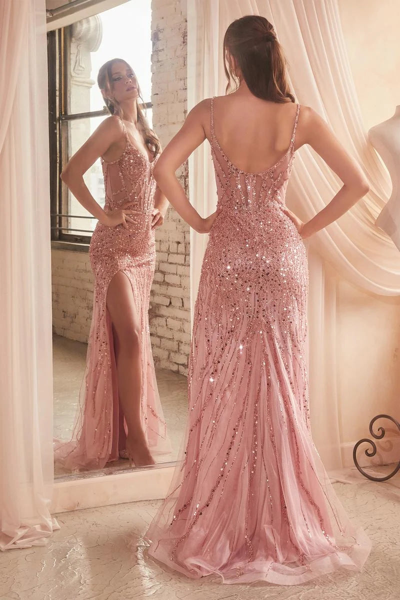 Sparkling Mermaid Sweetheart Sleeveless Sequin Slit Rose Gold Floor-Length Prom Gown