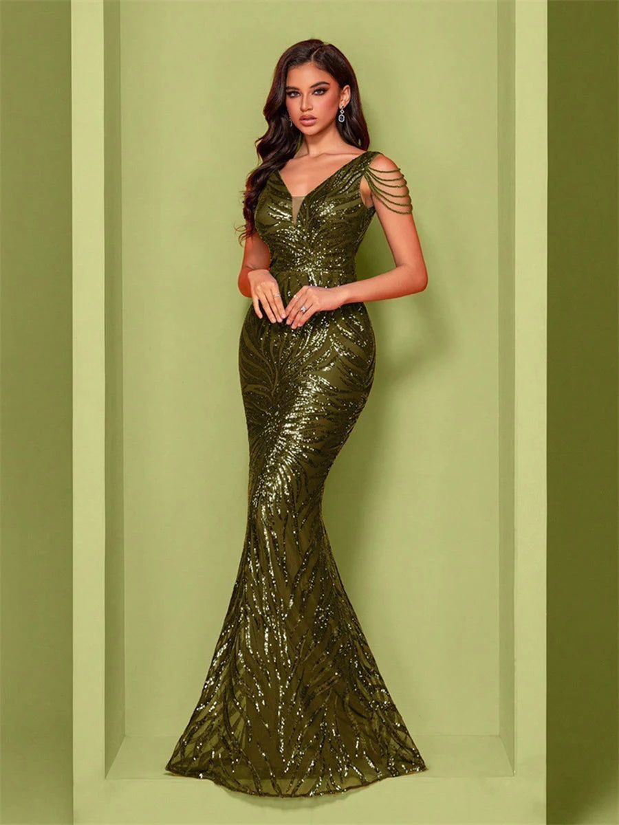 Sparkling Mermaid V-Neck Beaded Sequin Olive Green Floor-Length Prom Gown