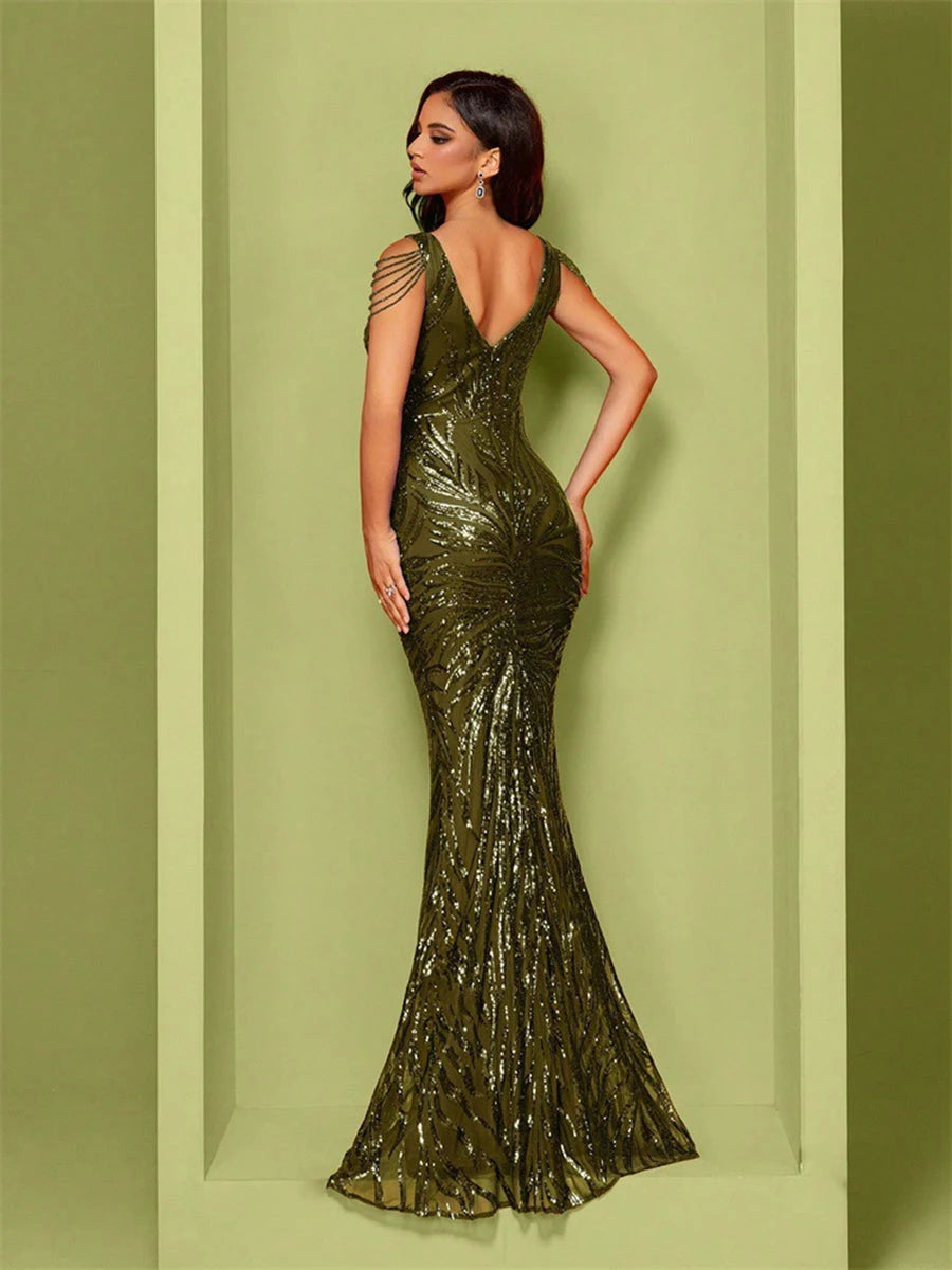 Sparkling Mermaid V-Neck Beaded Sequin Olive Green Floor-Length Prom Gown